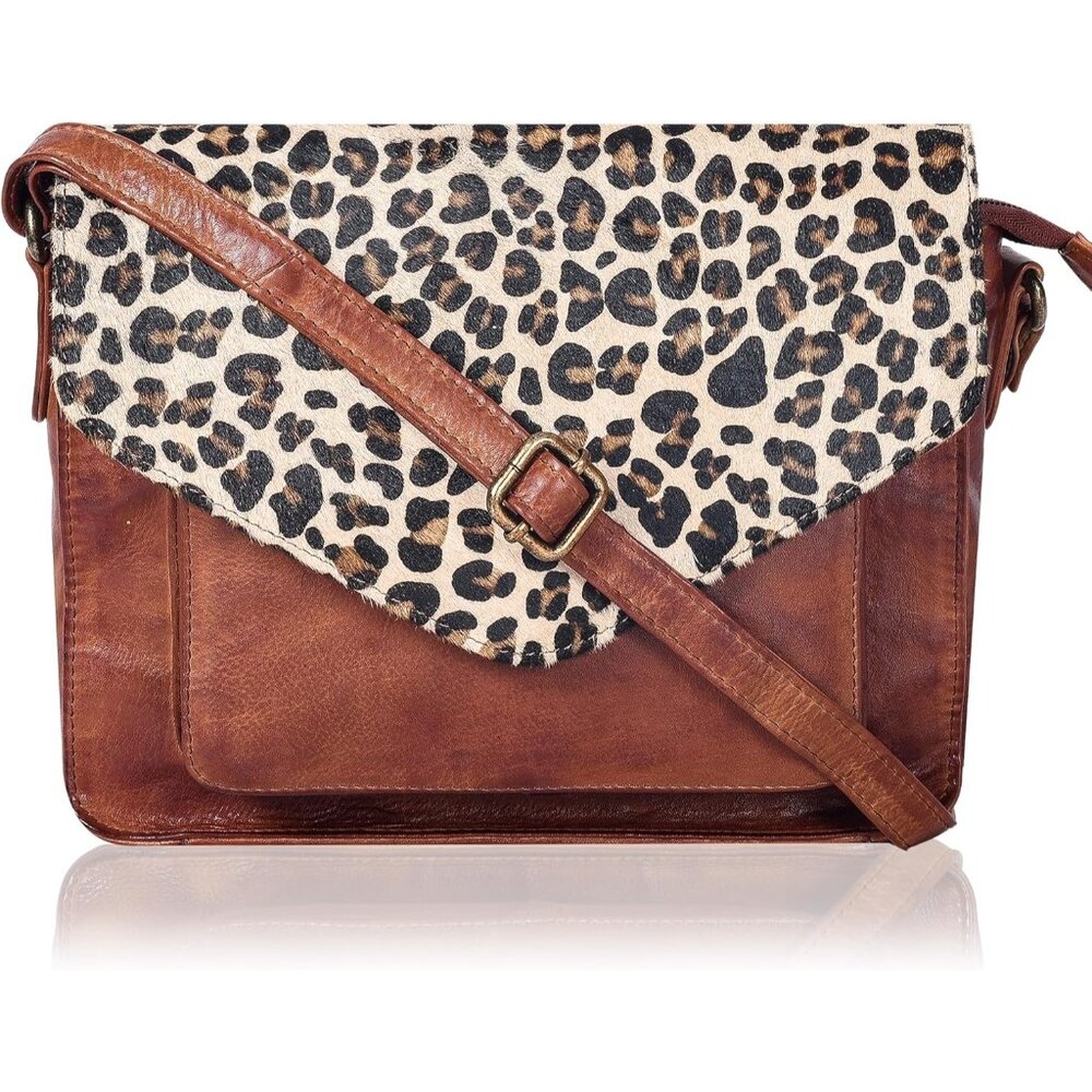 〽️Women Tan Wash Cheetah Leather Flapover Crossbody Handbag Adjustable Strap